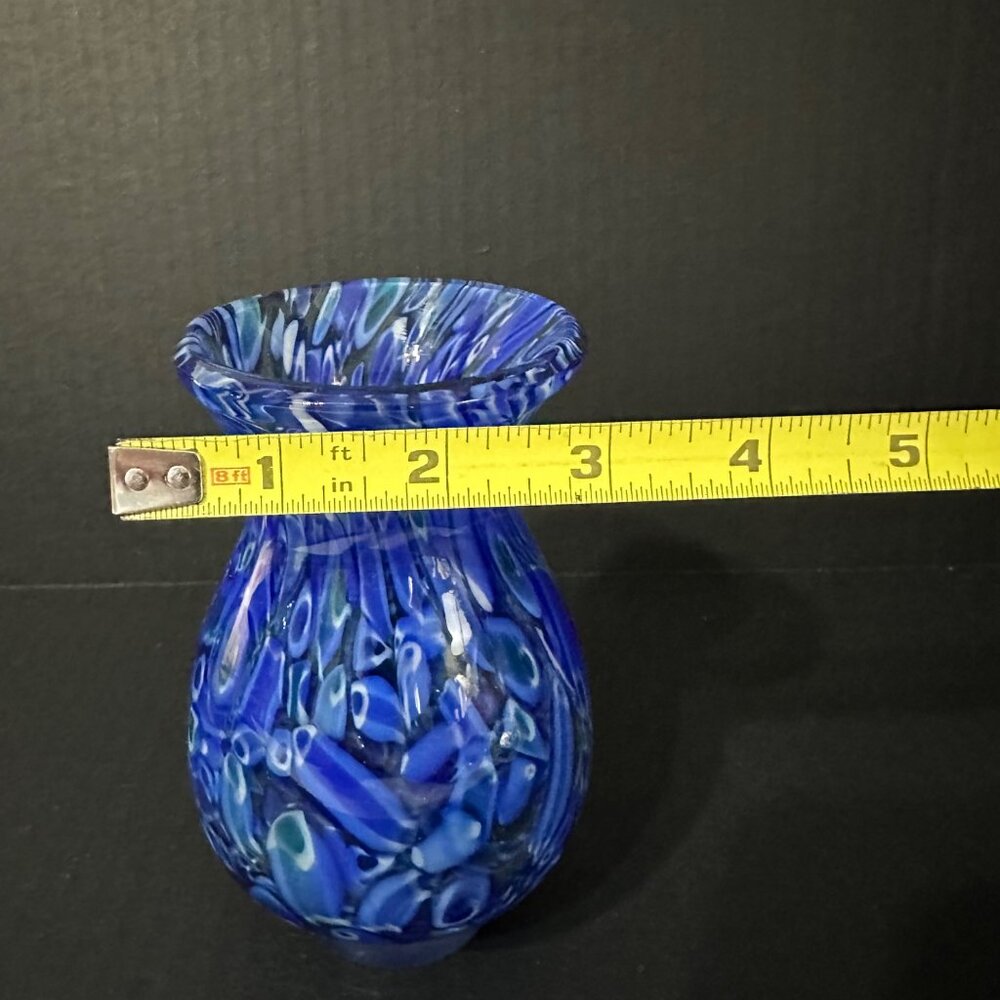 Cobalt blue spotted confetti hand blown art glass 5.5” vase smooth pontil - Picture 5 of 5